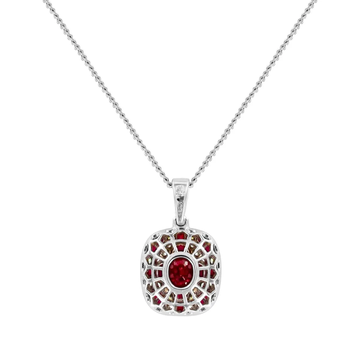 1.65ct Ruby & Diamond Deco Style Cluster Pendant | 18K White Gold