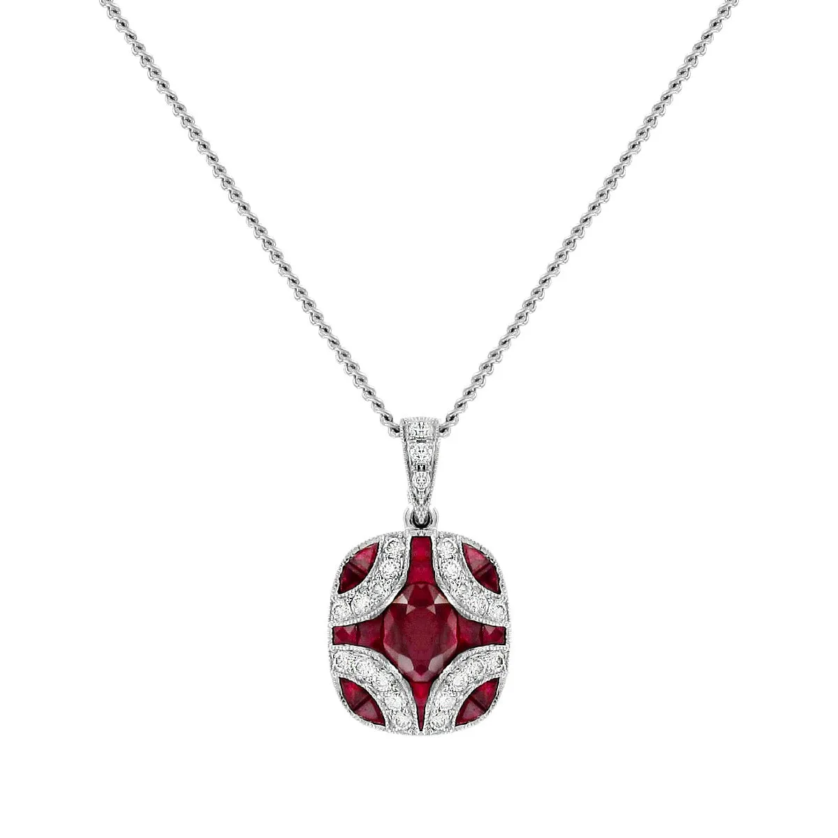 1.65ct Ruby & Diamond Deco Style Cluster Pendant | 18K White Gold