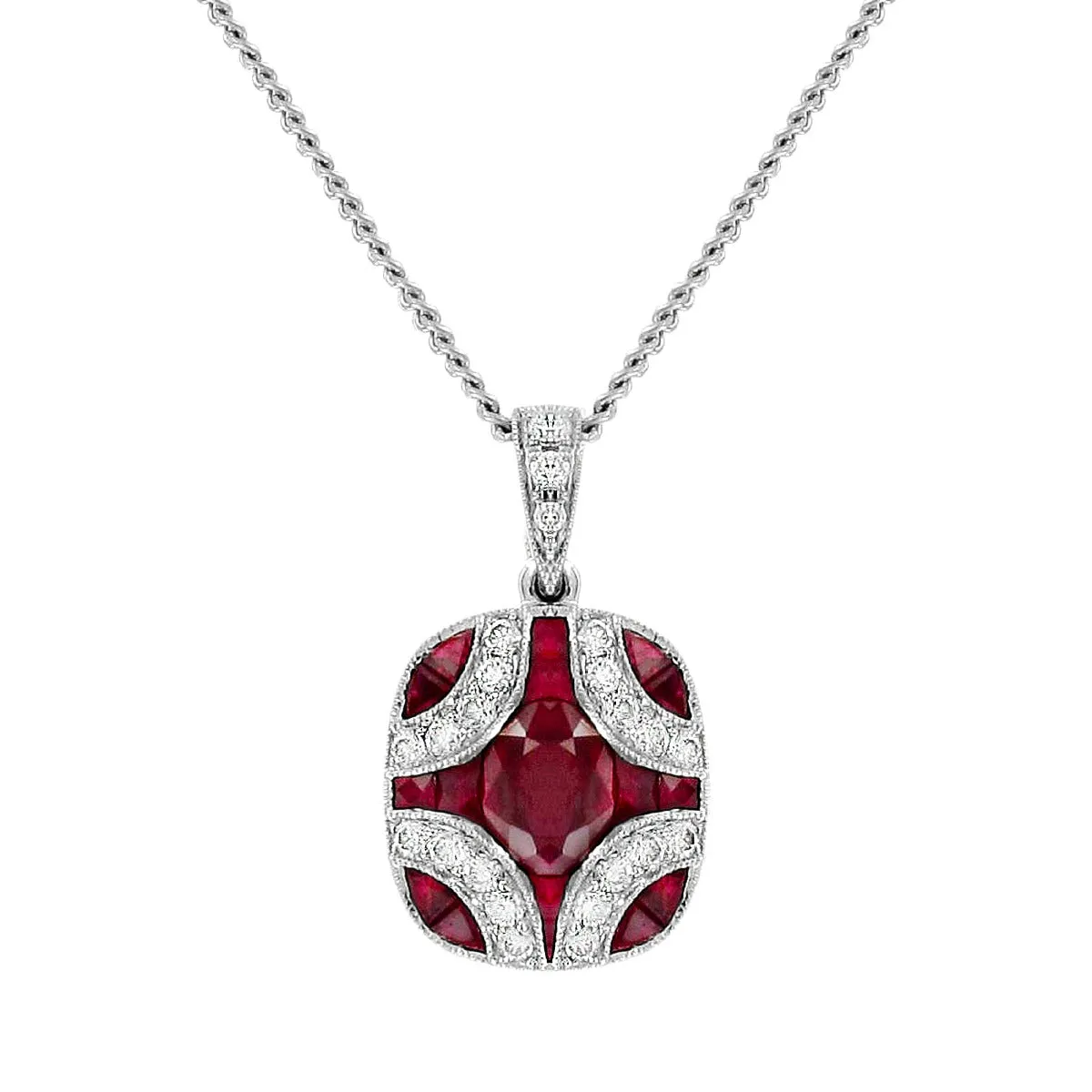 1.65ct Ruby & Diamond Deco Style Cluster Pendant | 18K White Gold