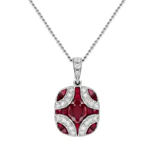 1.65ct Ruby & Diamond Deco Style Cluster Pendant | 18K White Gold