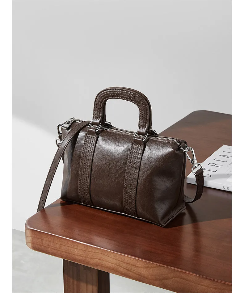23CM spliced vegetable tanned leather hand pillow crossbody bag 2921 coffee