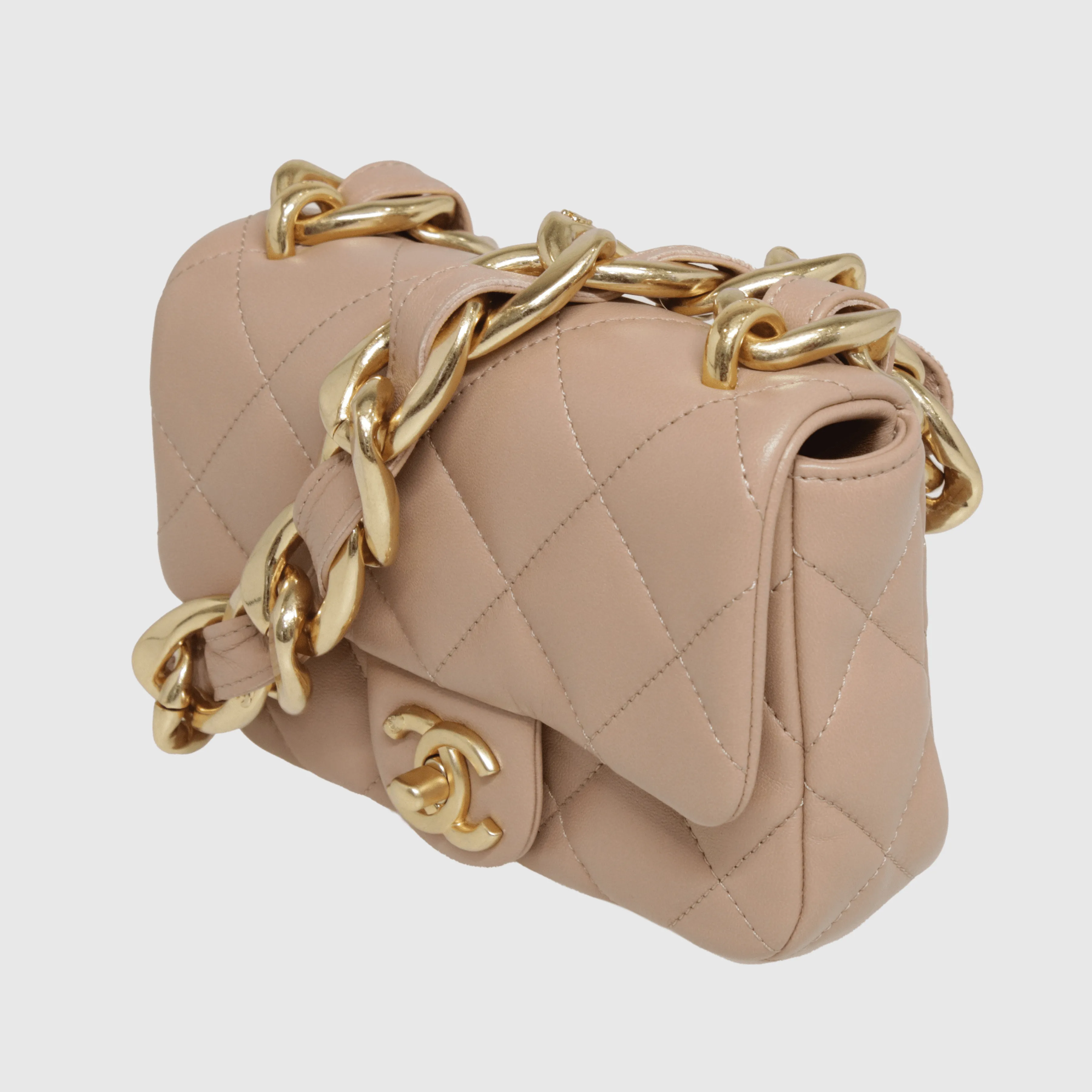 Beige Chunky Chain Strap Mini Flap Bag - SS22