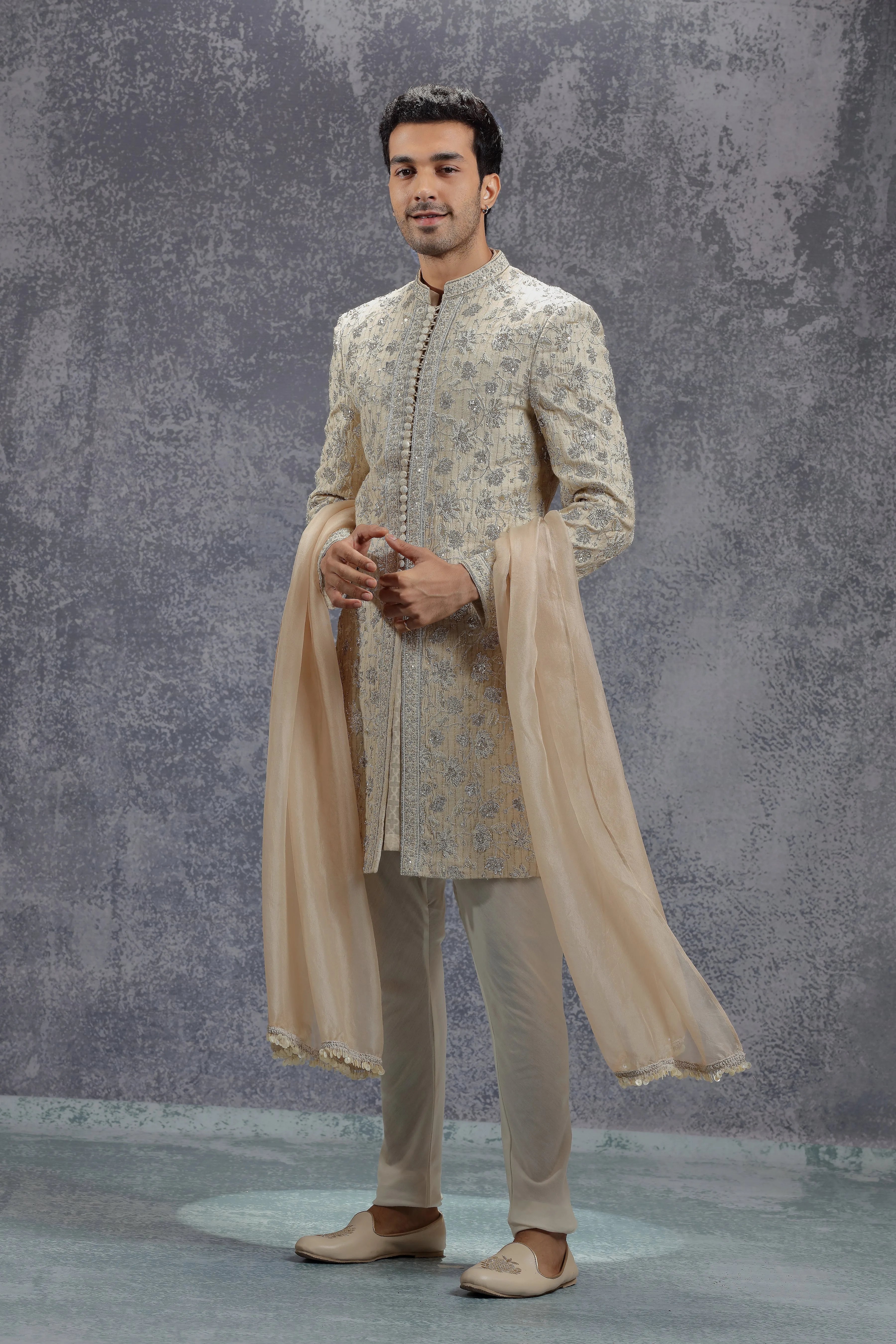 Beige Sherwani Set with Zardosi, Resham and Sequins Work