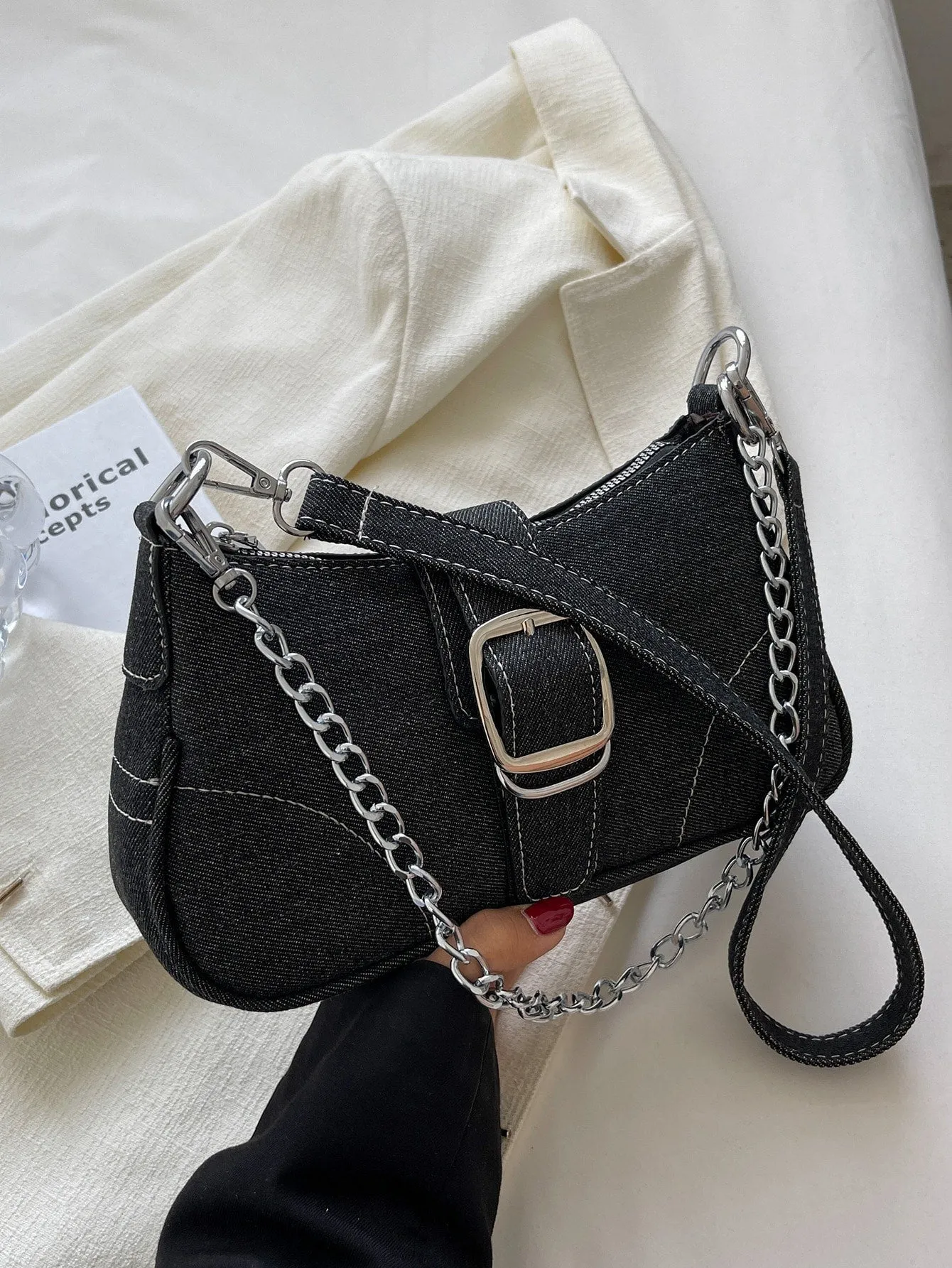 Buckle Decor Stitch Detail Chain Baguette Bag