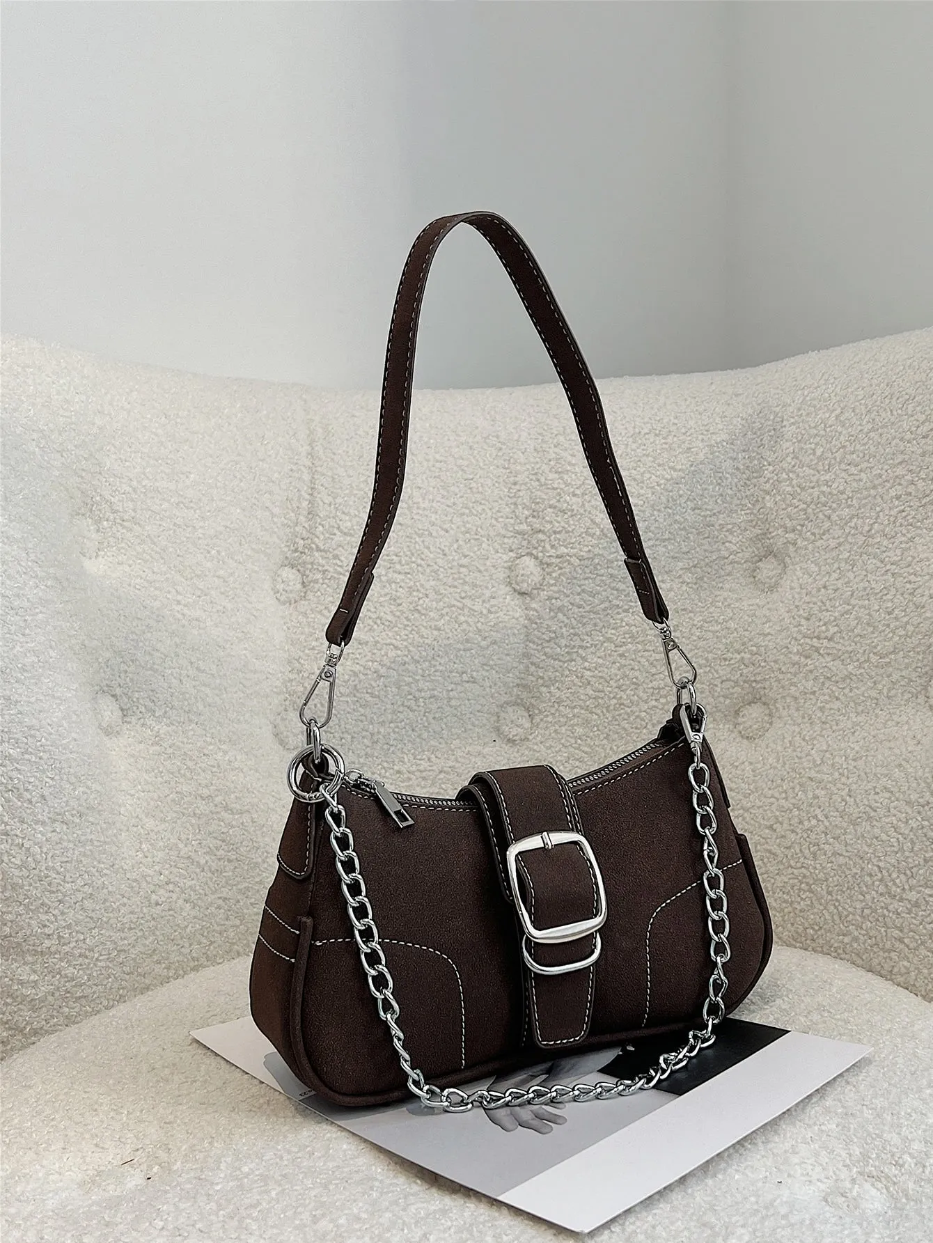 Buckle Decor Stitch Detail Chain Baguette Bag