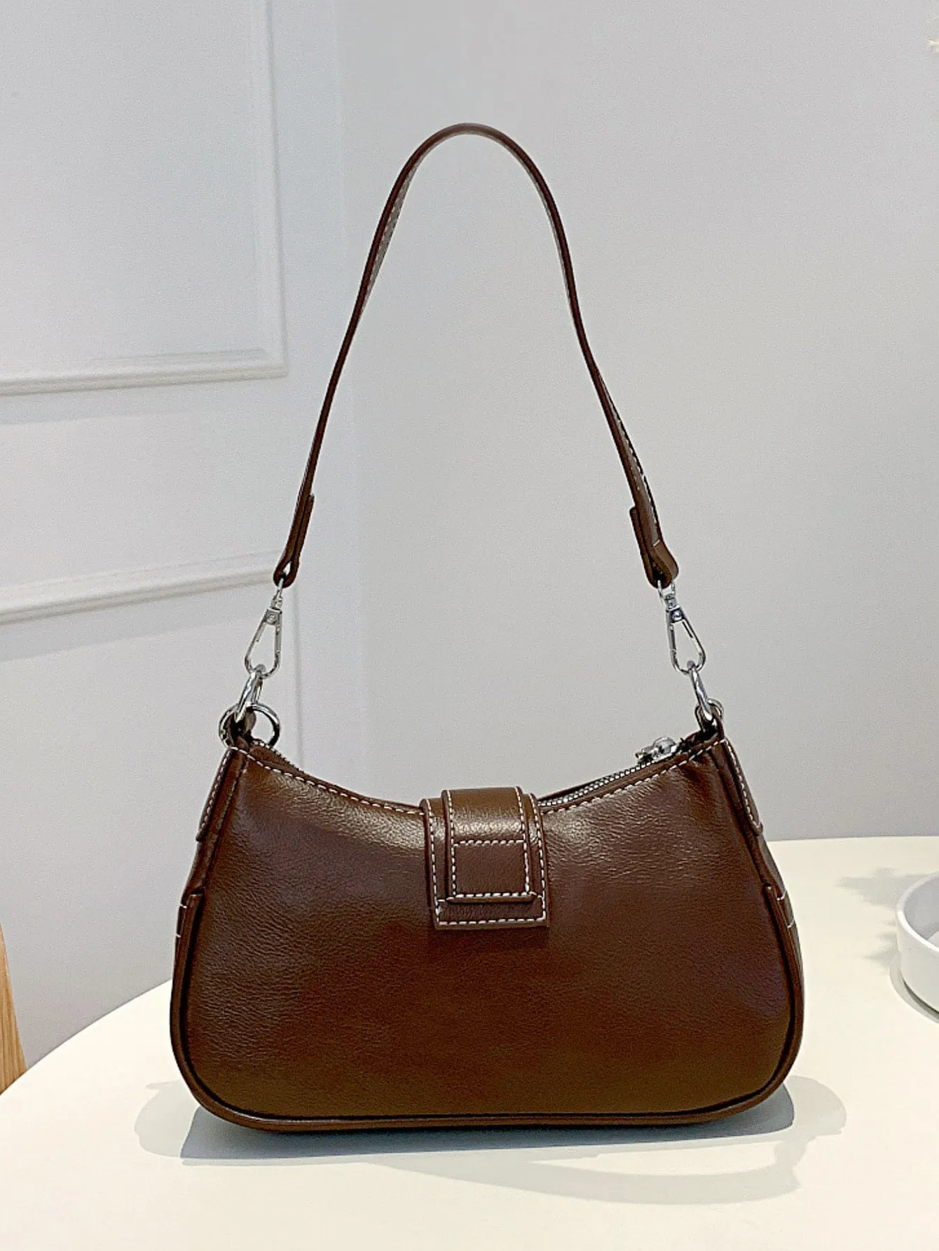 Buckle Decor Stitch Detail Chain Baguette Bag