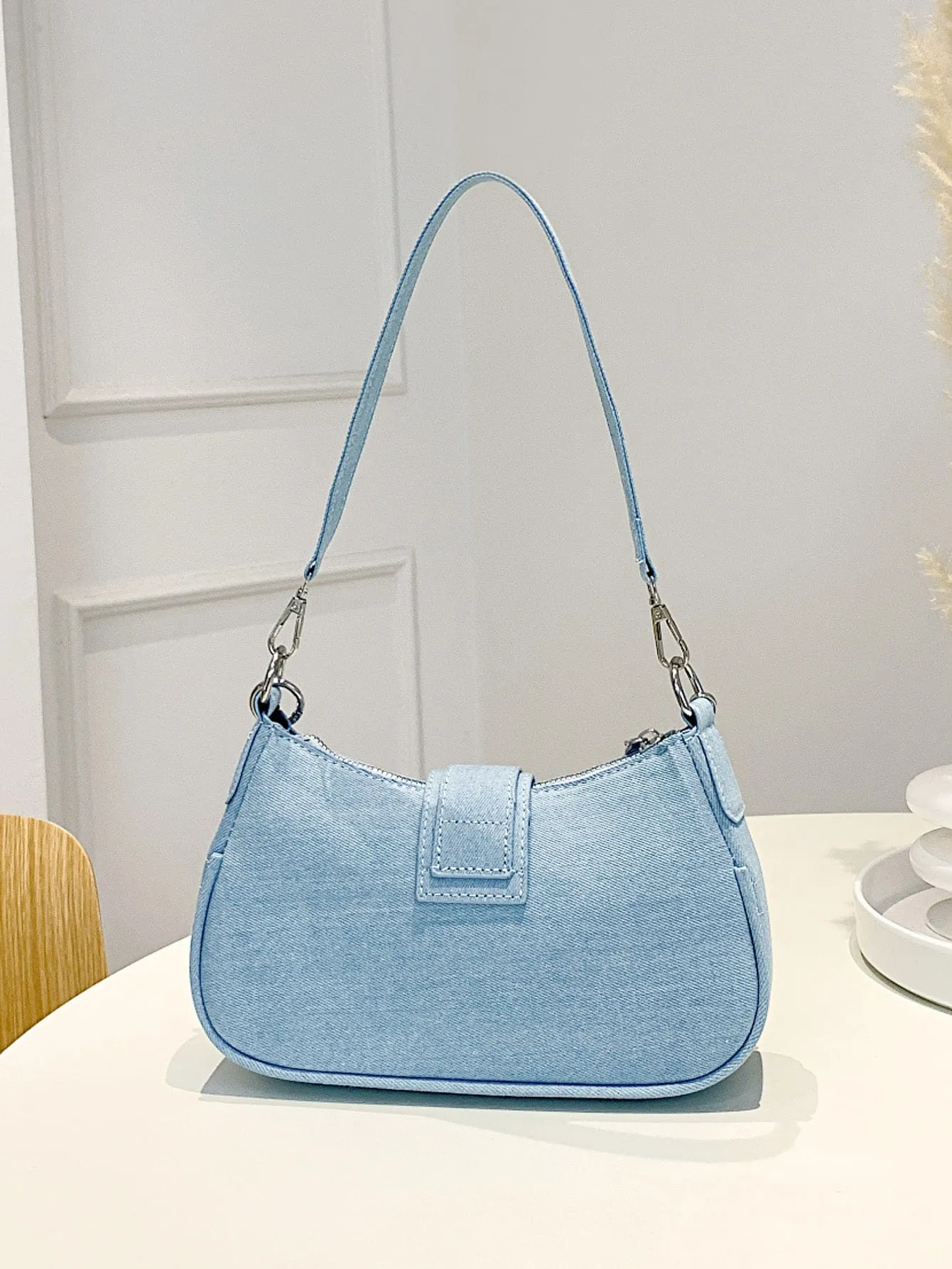 Buckle Decor Stitch Detail Chain Baguette Bag