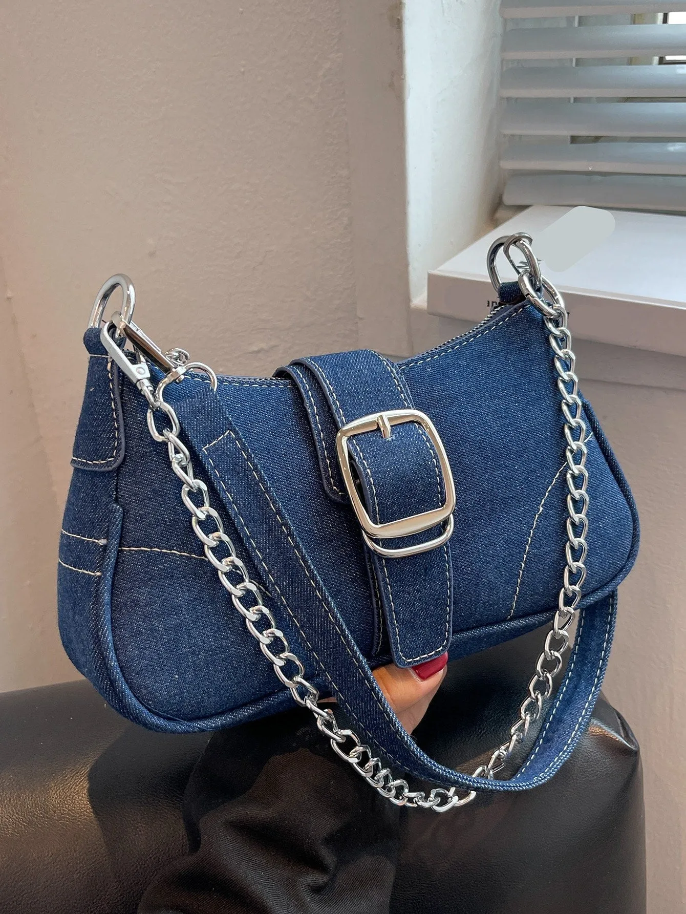 Buckle Decor Stitch Detail Chain Baguette Bag