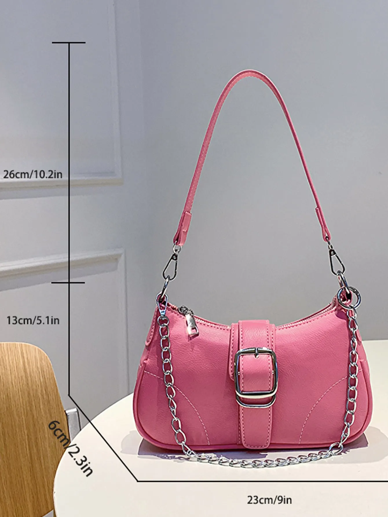 Buckle Decor Stitch Detail Chain Baguette Bag