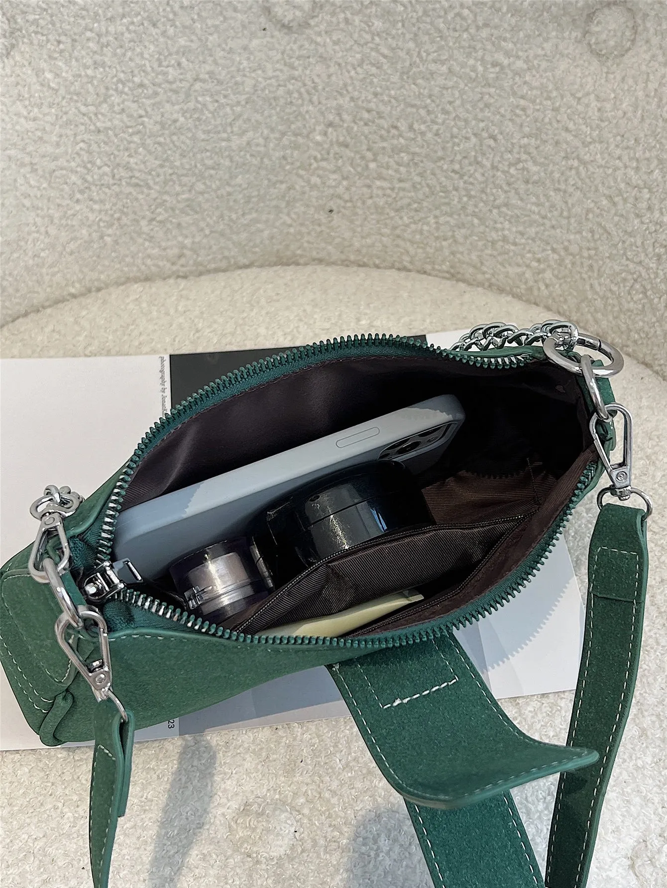 Buckle Decor Stitch Detail Chain Baguette Bag