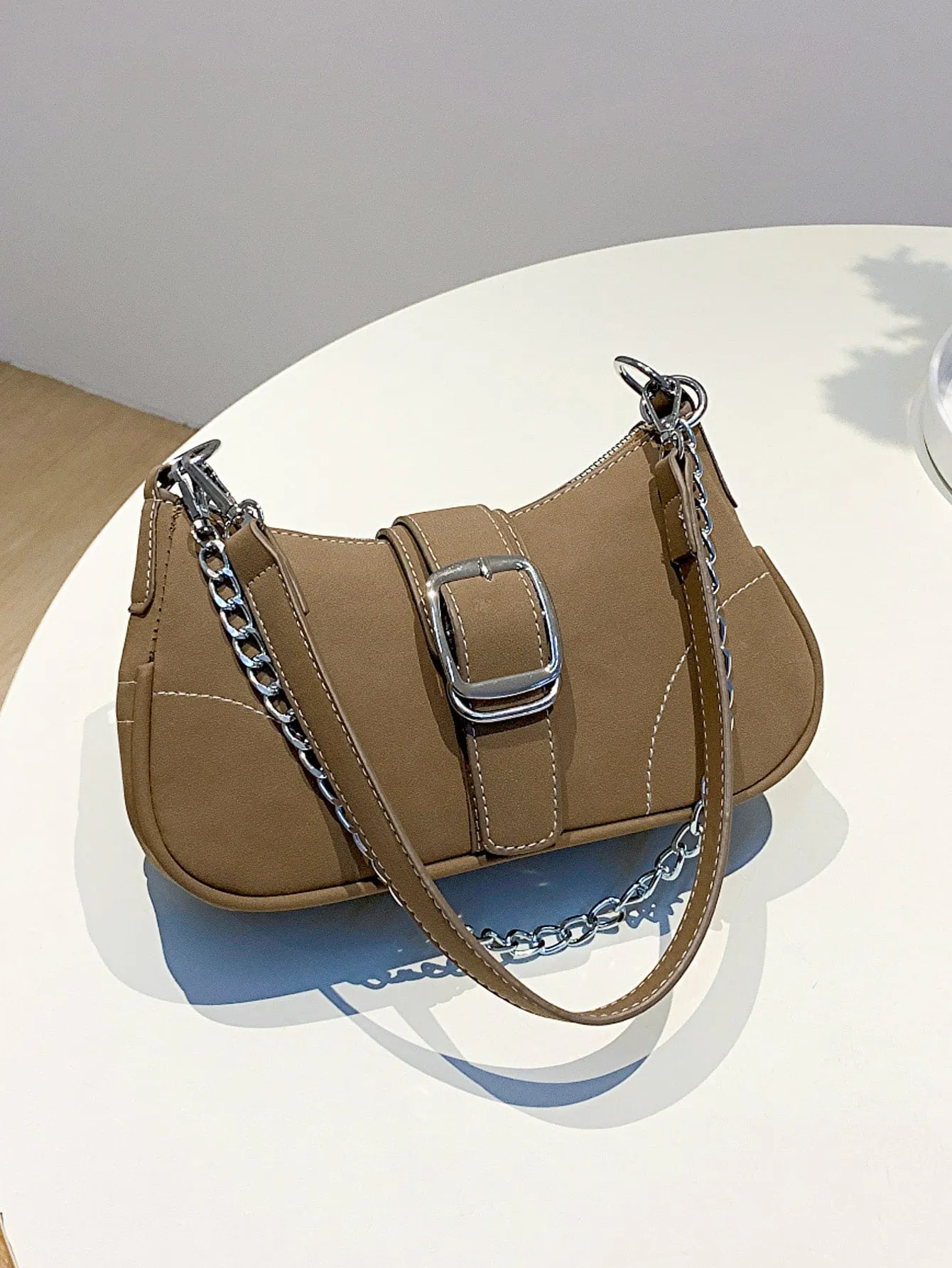 Buckle Decor Stitch Detail Chain Baguette Bag
