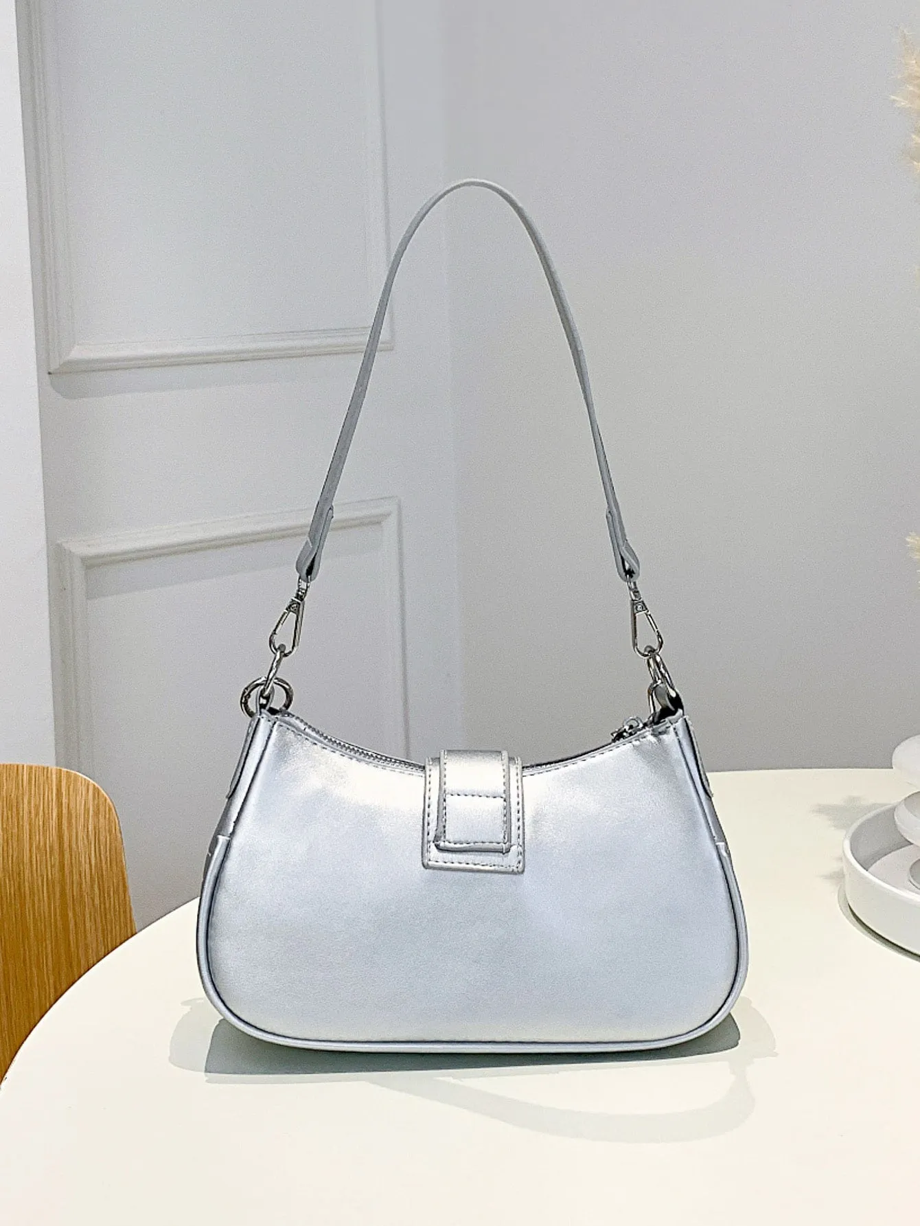 Buckle Decor Stitch Detail Chain Baguette Bag