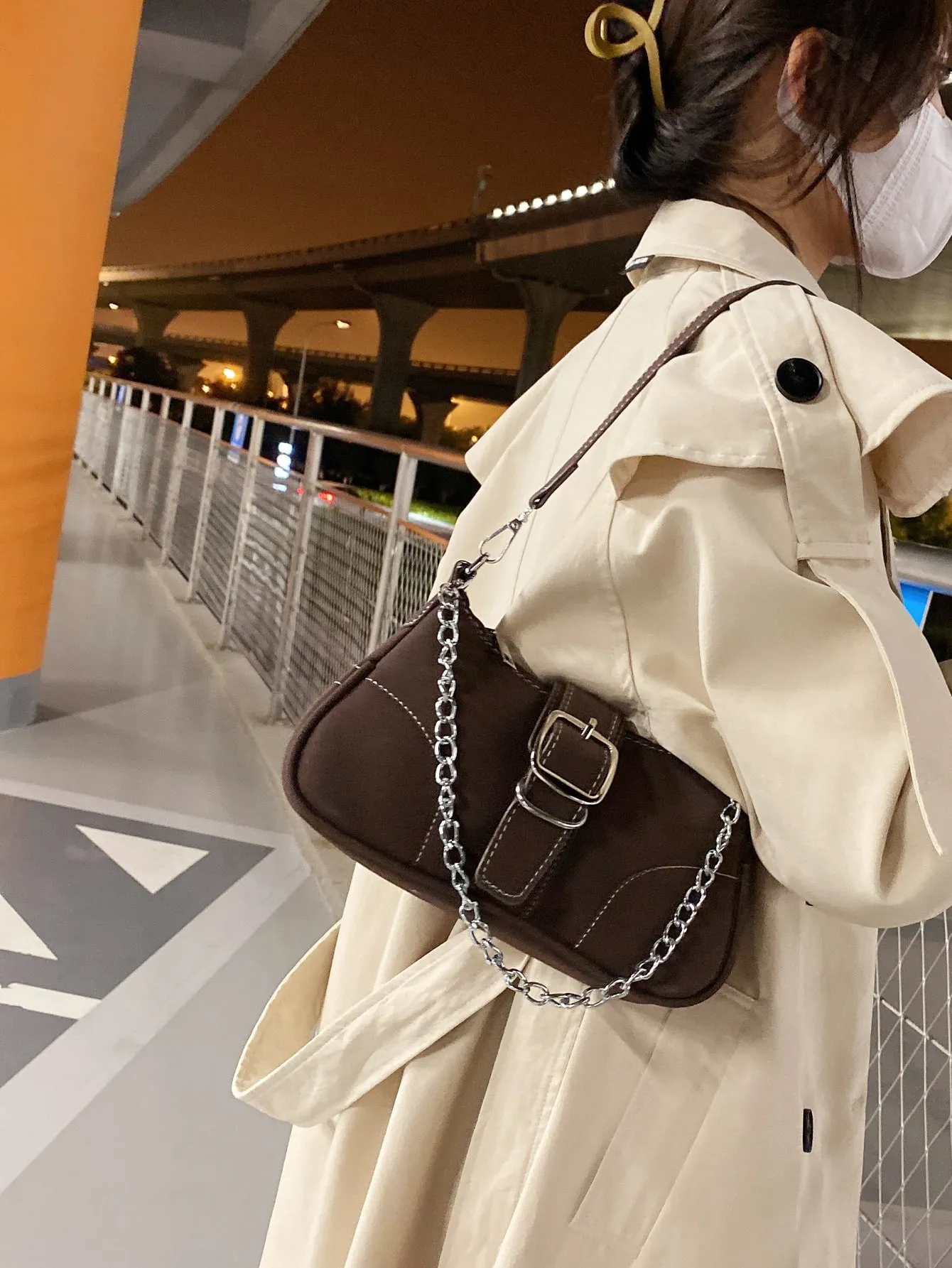 Buckle Decor Stitch Detail Chain Baguette Bag