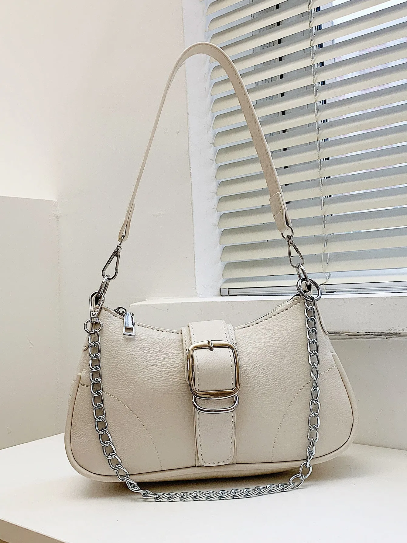 Buckle Decor Stitch Detail Chain Baguette Bag