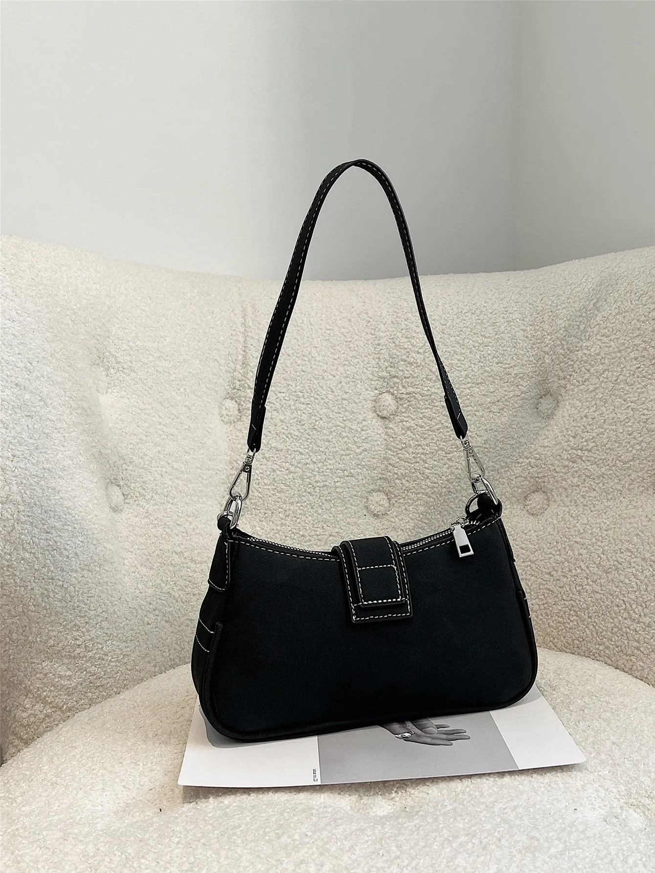Buckle Decor Stitch Detail Chain Baguette Bag