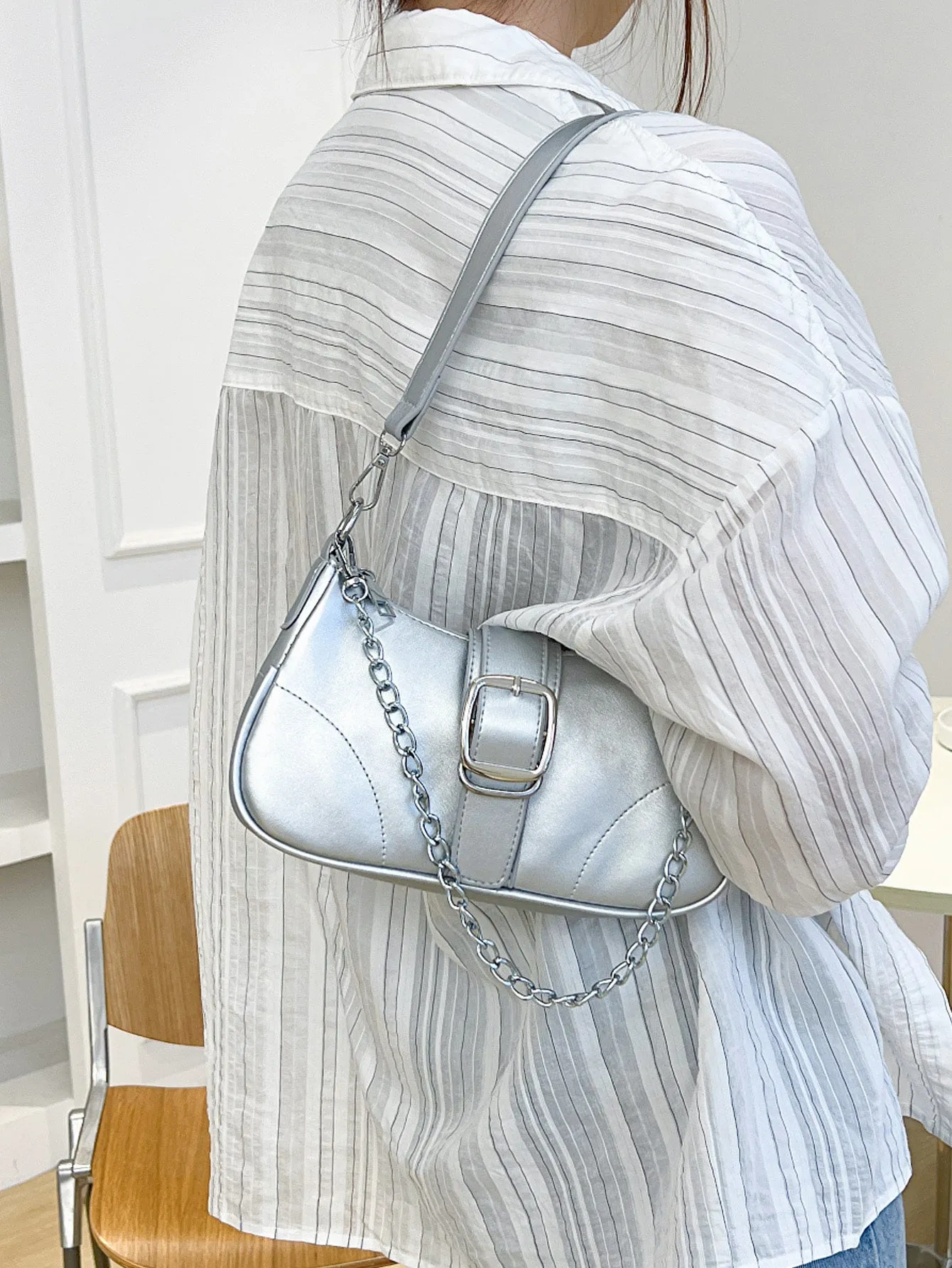 Buckle Decor Stitch Detail Chain Baguette Bag