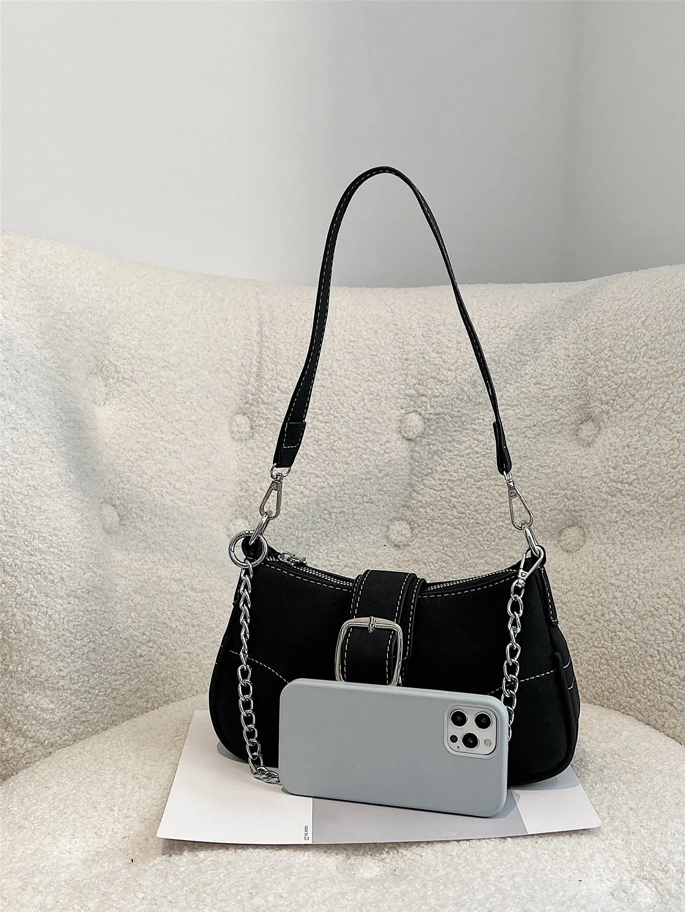 Buckle Decor Stitch Detail Chain Baguette Bag