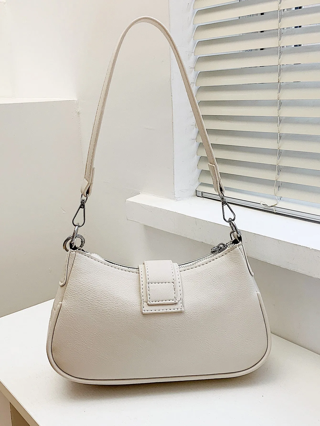 Buckle Decor Stitch Detail Chain Baguette Bag