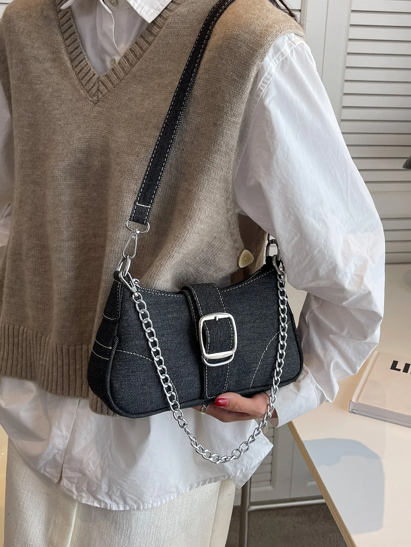 Buckle Decor Stitch Detail Chain Baguette Bag
