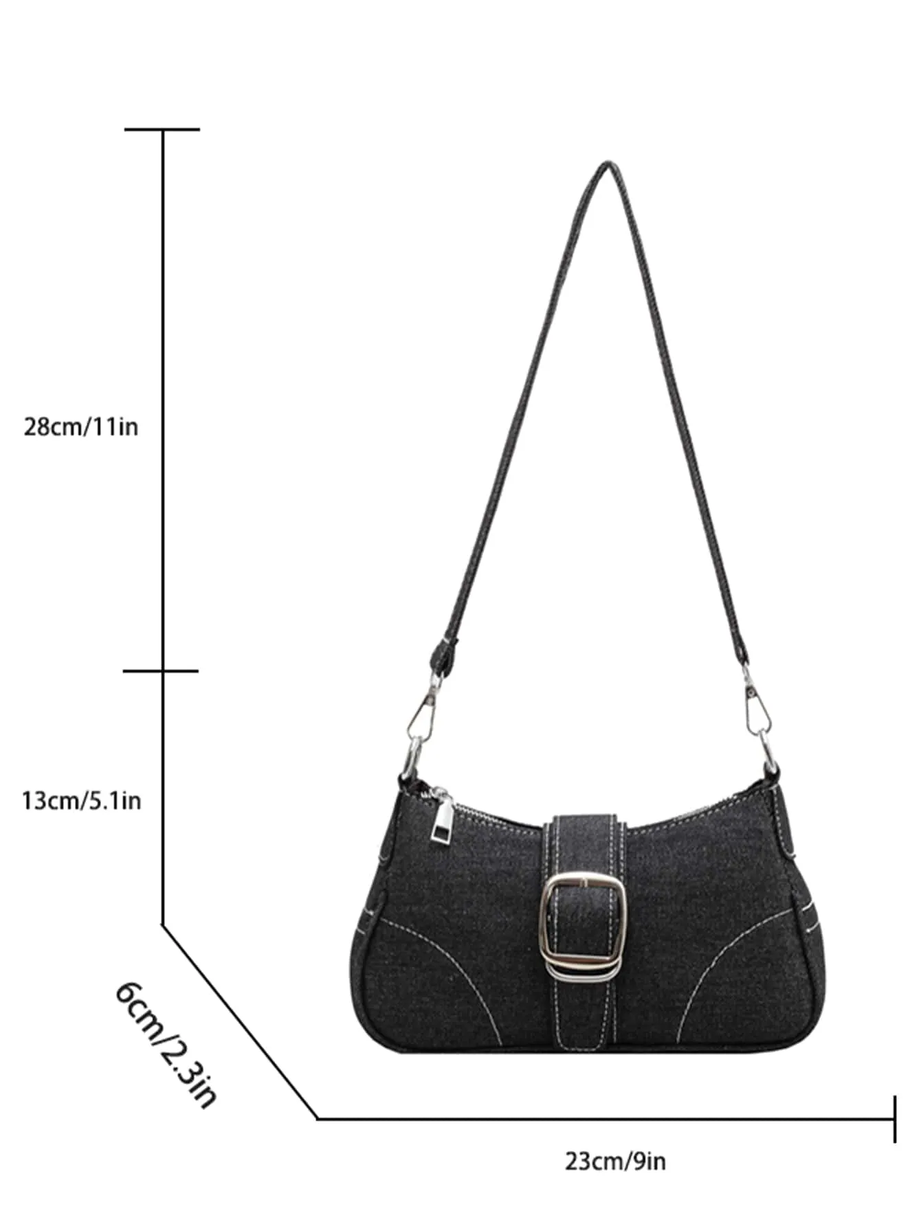 Buckle Decor Stitch Detail Chain Baguette Bag