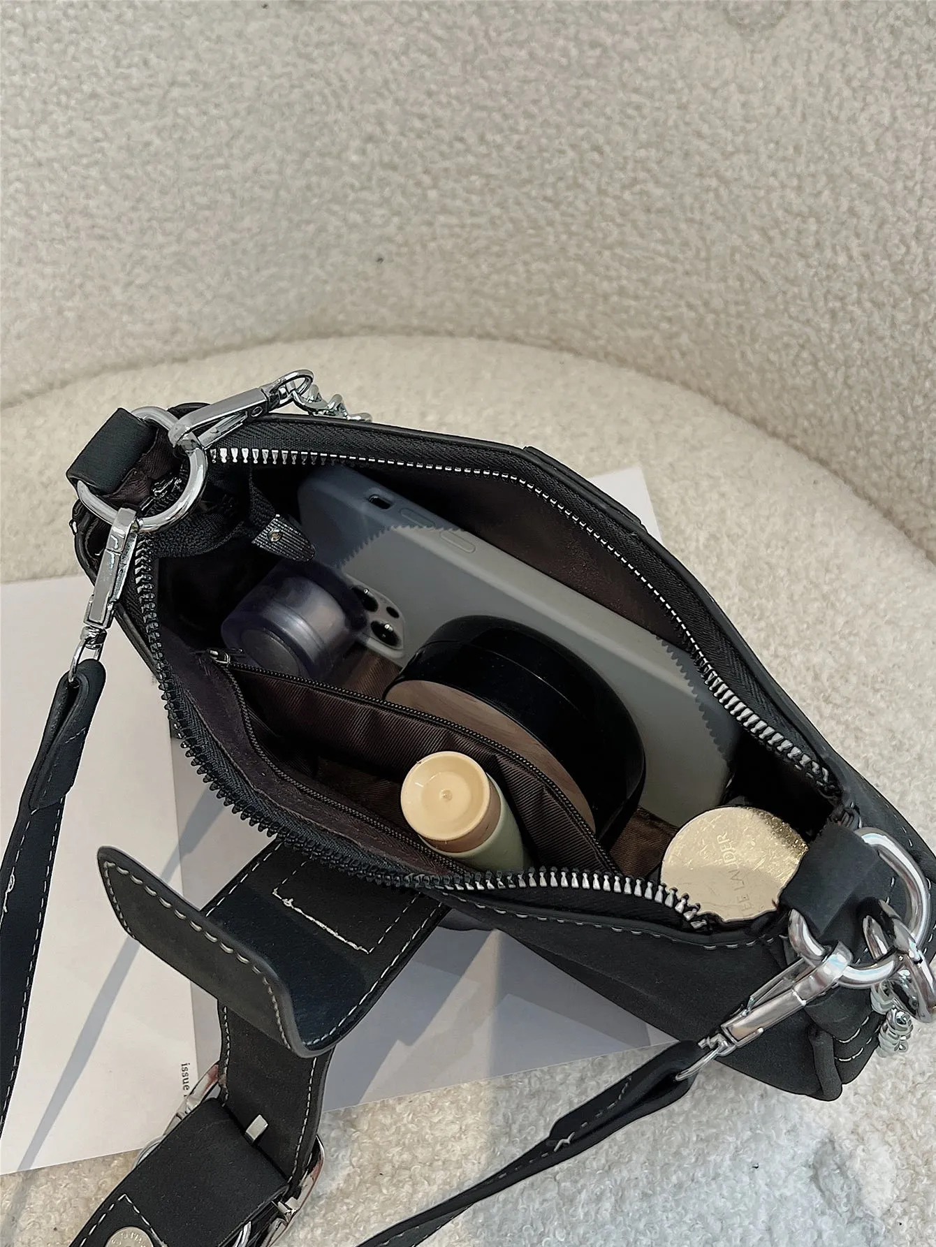 Buckle Decor Stitch Detail Chain Baguette Bag