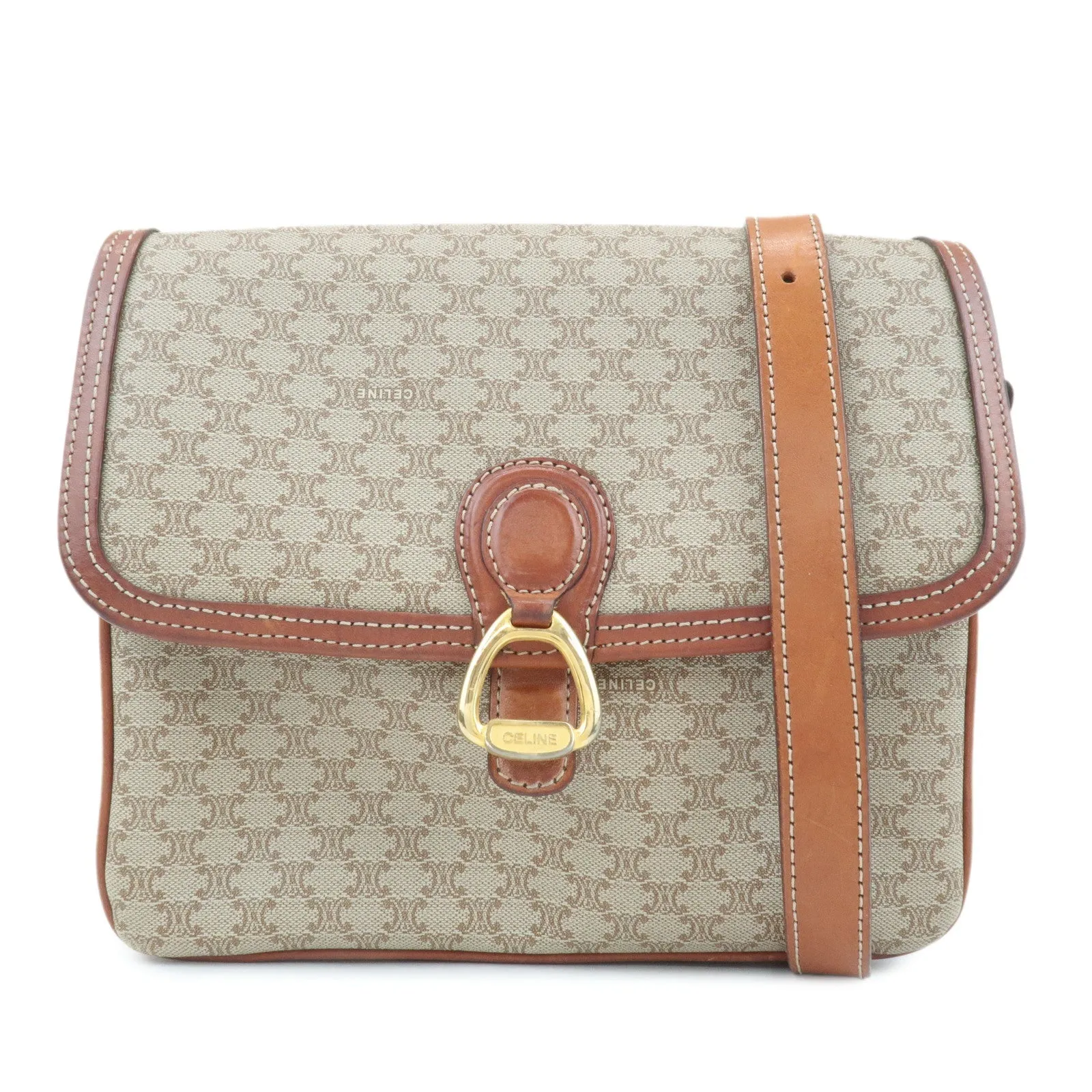 CELINE Macadam PVC Leather Shoulder Bag Beige Brown Used
