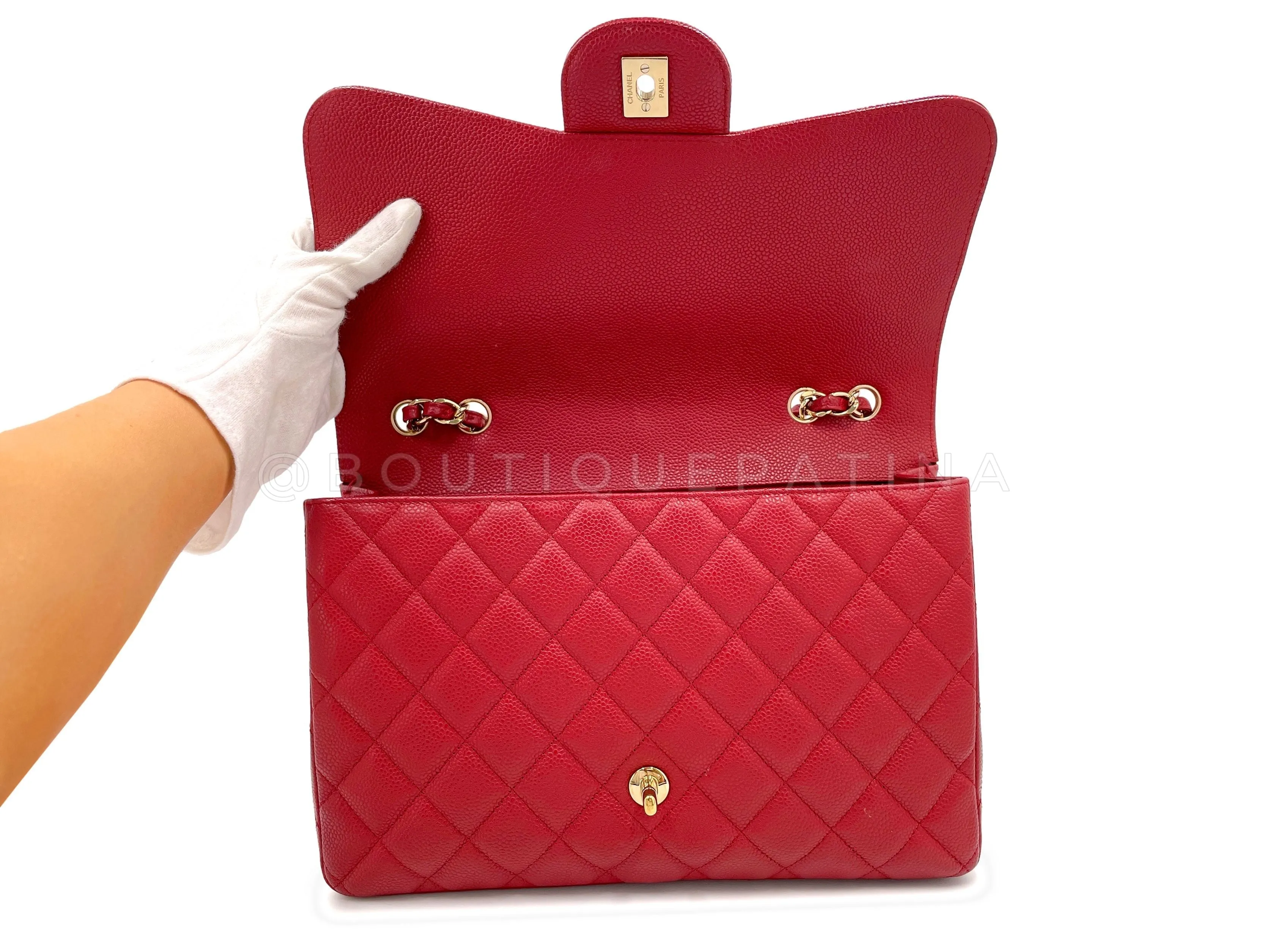 Chanel 2009 Red Caviar Jumbo Classic Flap Bag GHW Single