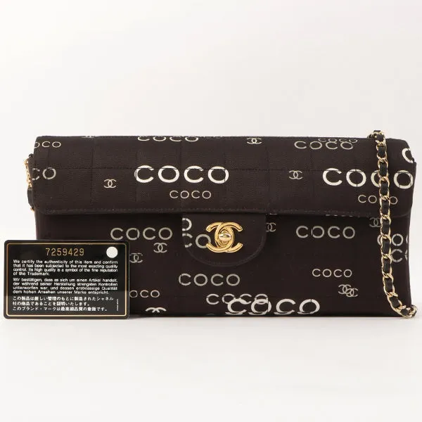 Chanel Around 2002 Made Cotton Logo Print Chocolate Bar Turn-Lock Chain Bag Black