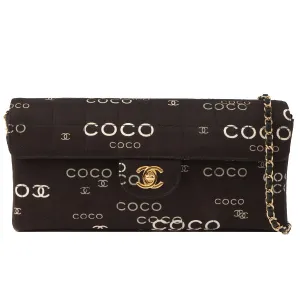 Chanel Around 2002 Made Cotton Logo Print Chocolate Bar Turn-Lock Chain Bag Black