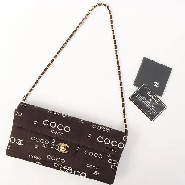 Chanel Around 2002 Made Cotton Logo Print Chocolate Bar Turn-Lock Chain Bag Black