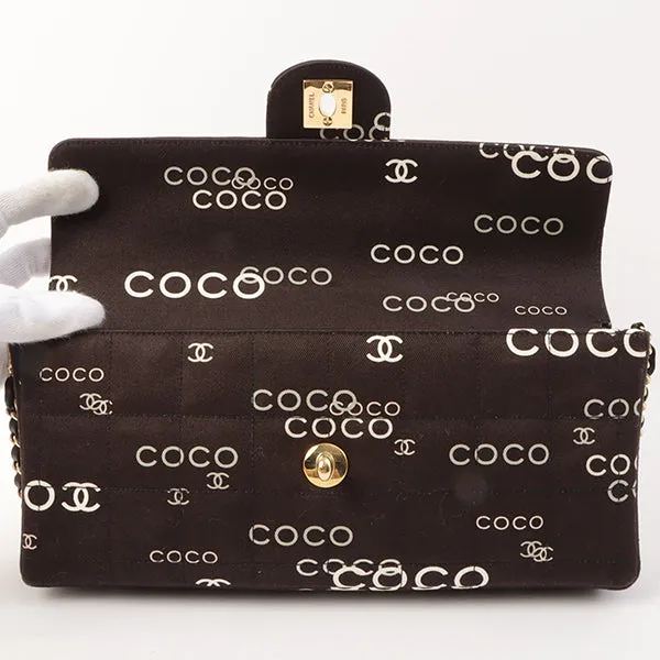 Chanel Around 2002 Made Cotton Logo Print Chocolate Bar Turn-Lock Chain Bag Black