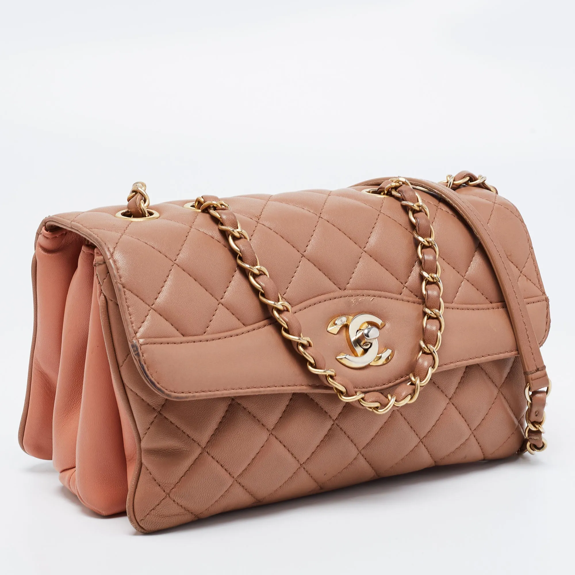 Chanel Beige/Peach Quilted Leather Straight Line Flap Bag