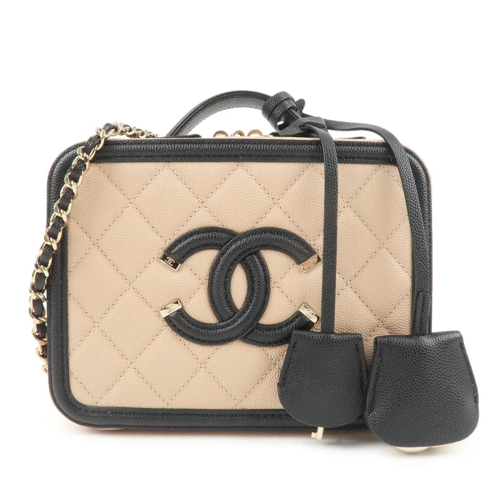 CHANEL CC Filigree Caviar Skin Vanity Case 2Way Bag Beige A93342