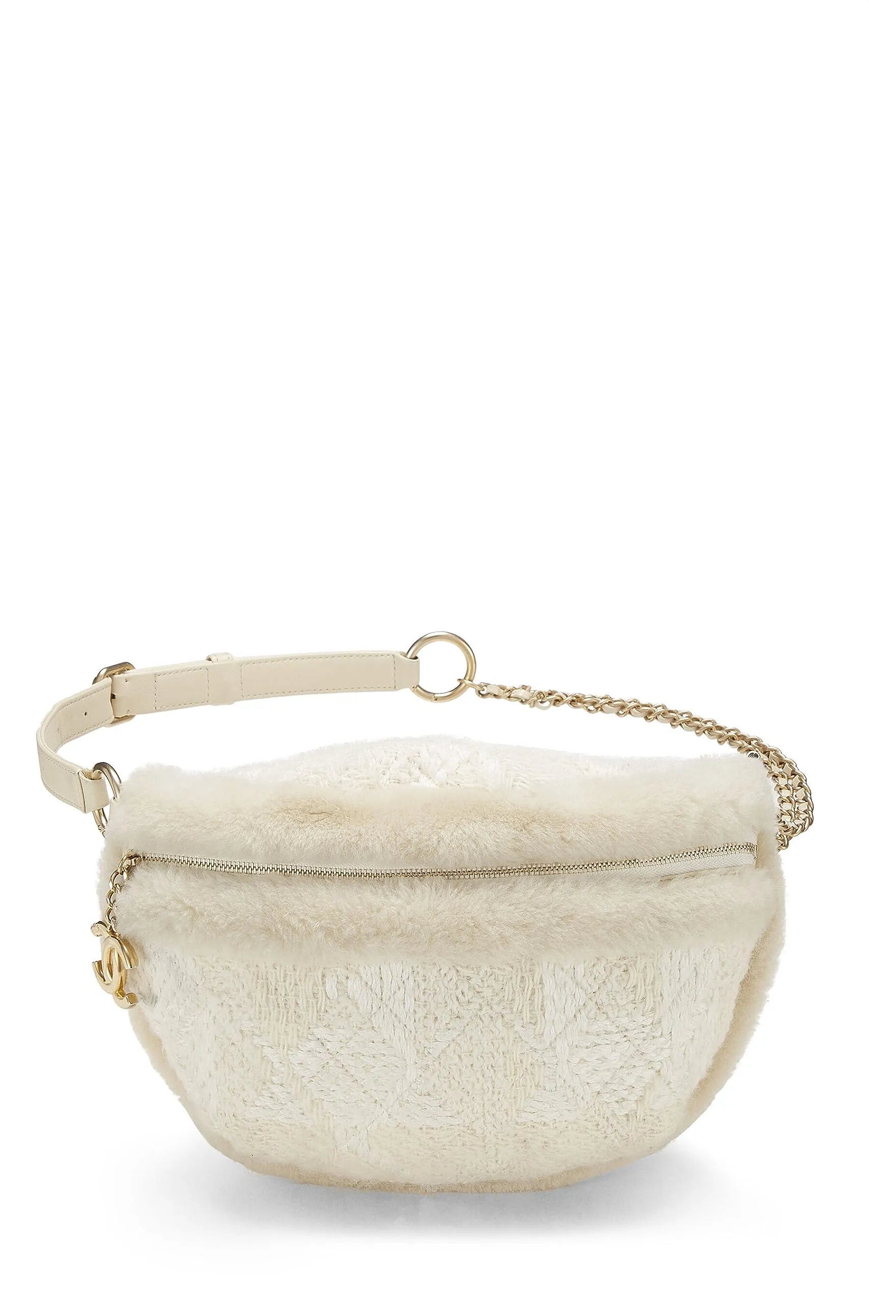 Chanel,  Ivory Tweed & Shearling Belt Bag, White