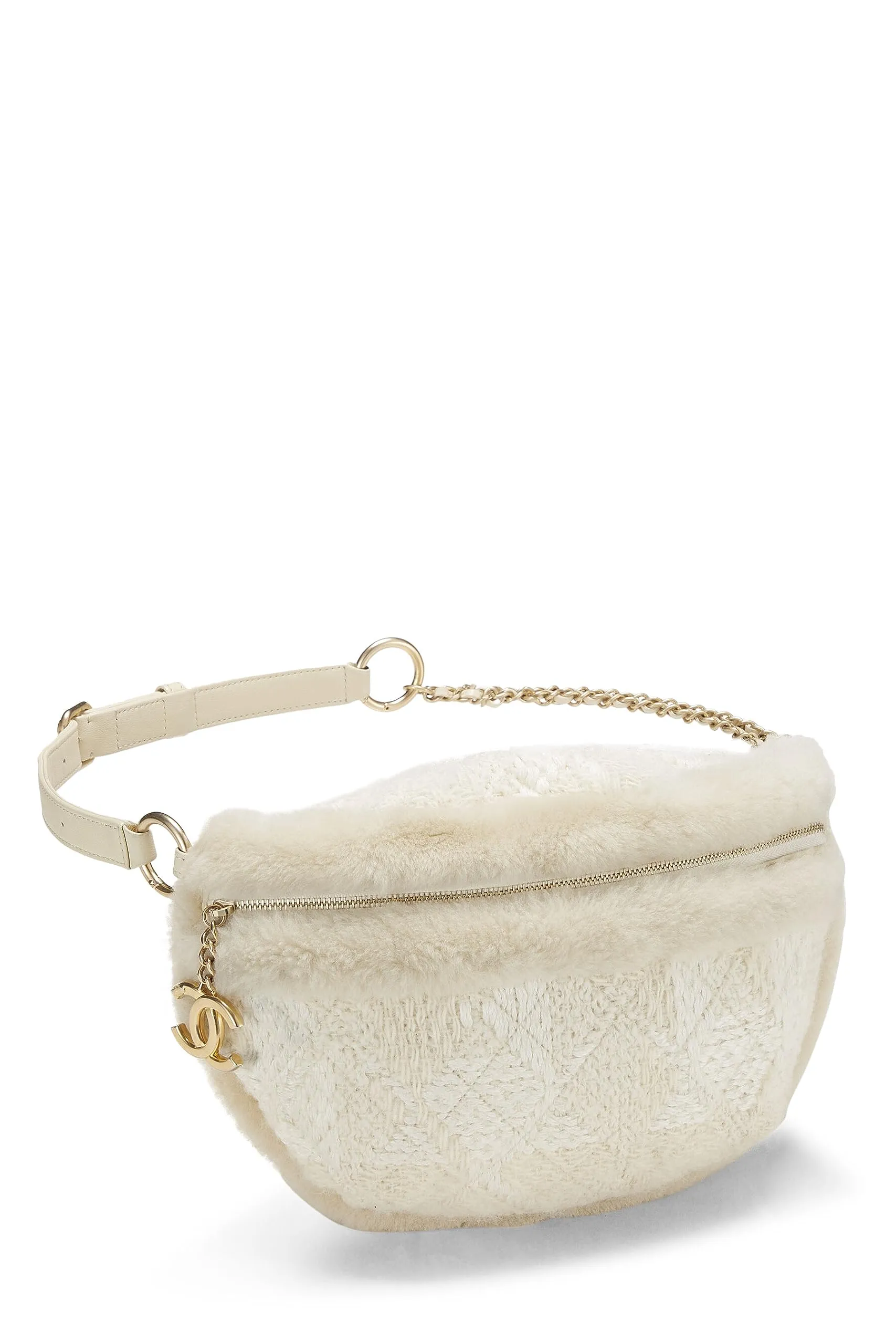 Chanel,  Ivory Tweed & Shearling Belt Bag, White