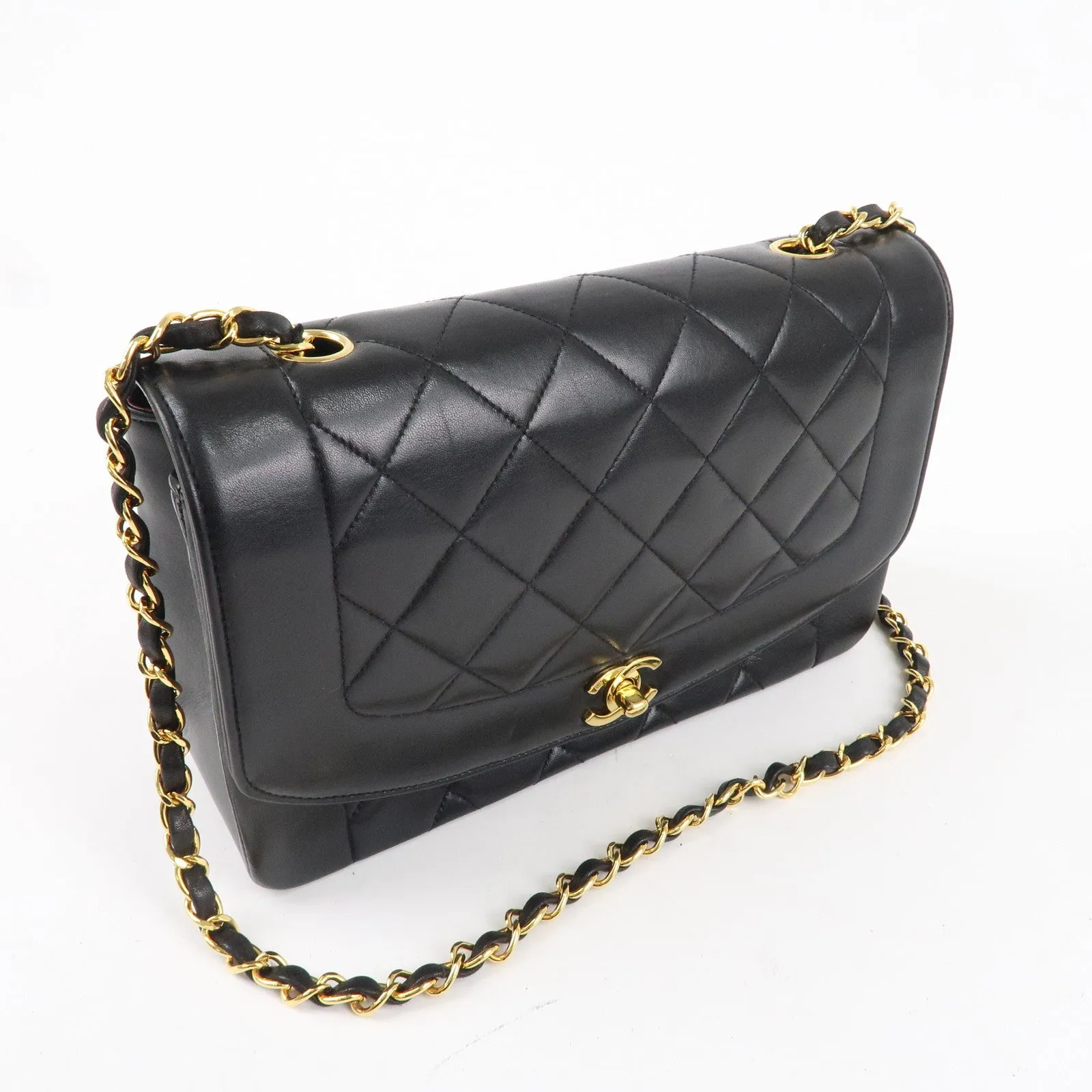 CHANEL Matelasse Lambskin Diana Chain Shoulder Bag Black A01165