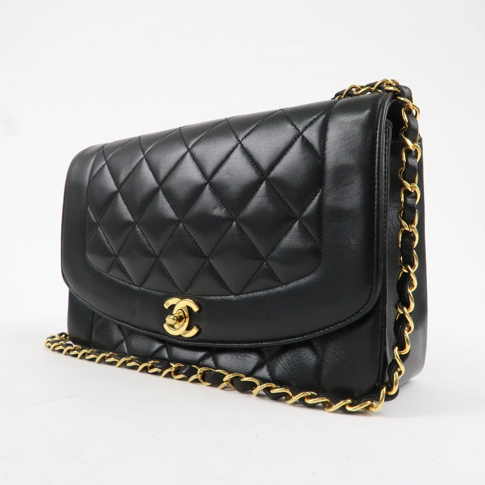 CHANEL Matelasse Lambskin Diana Chain Shoulder Bag Black A01165