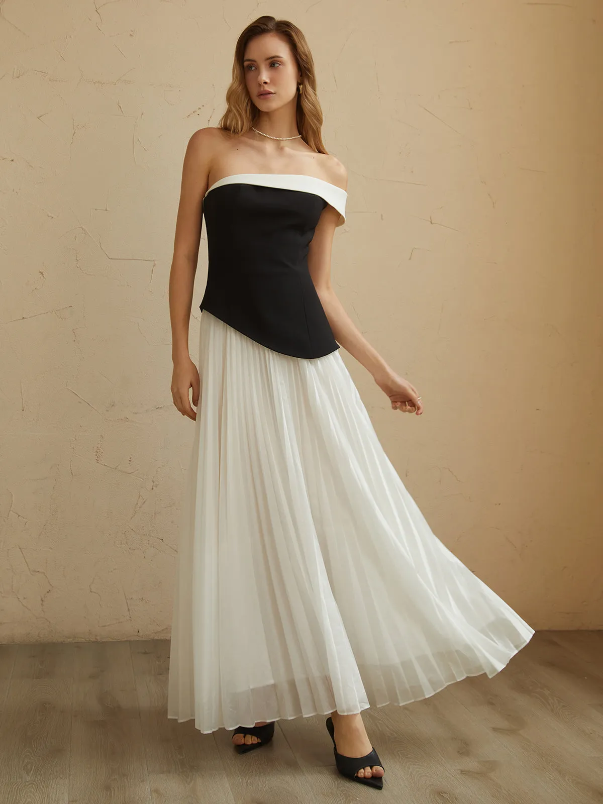 Contrast Trim Graceful Off-Shoulder Long Dress