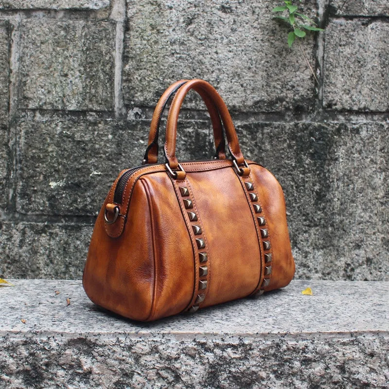 Cool Rivets Womens Handbags Brown Leather Shoulder Bag for Women