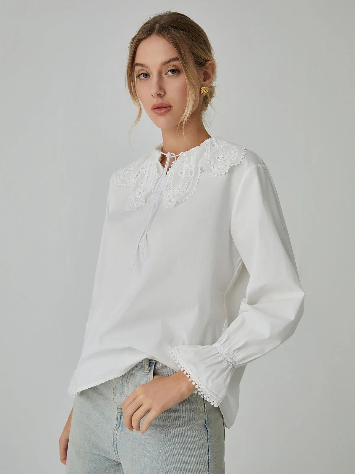 Cotton Lace Graceful Trim Tie-Front Shirt