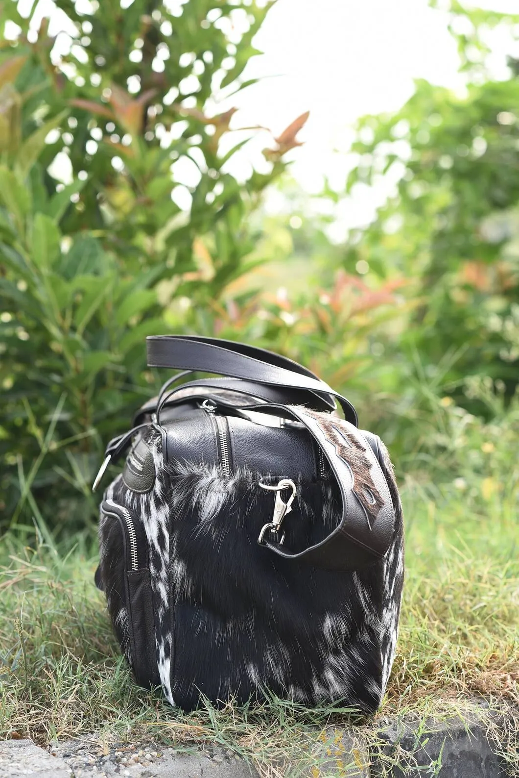 Cowhide Travel Duffle Bag Black White