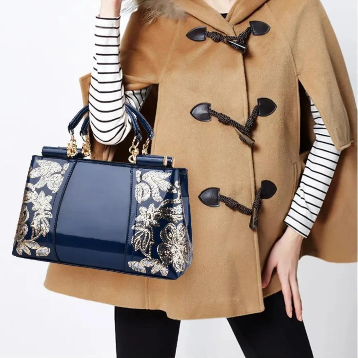 Elegant Sequin Embroidery Patent Handbag