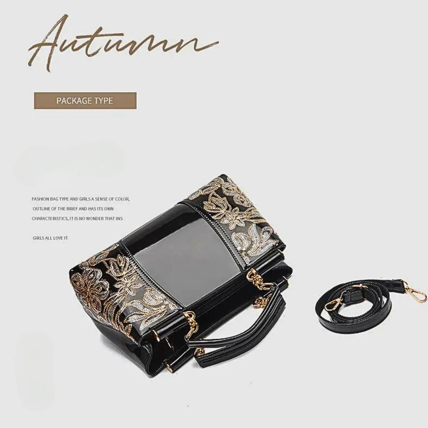 Elegant Sequin Embroidery Patent Handbag