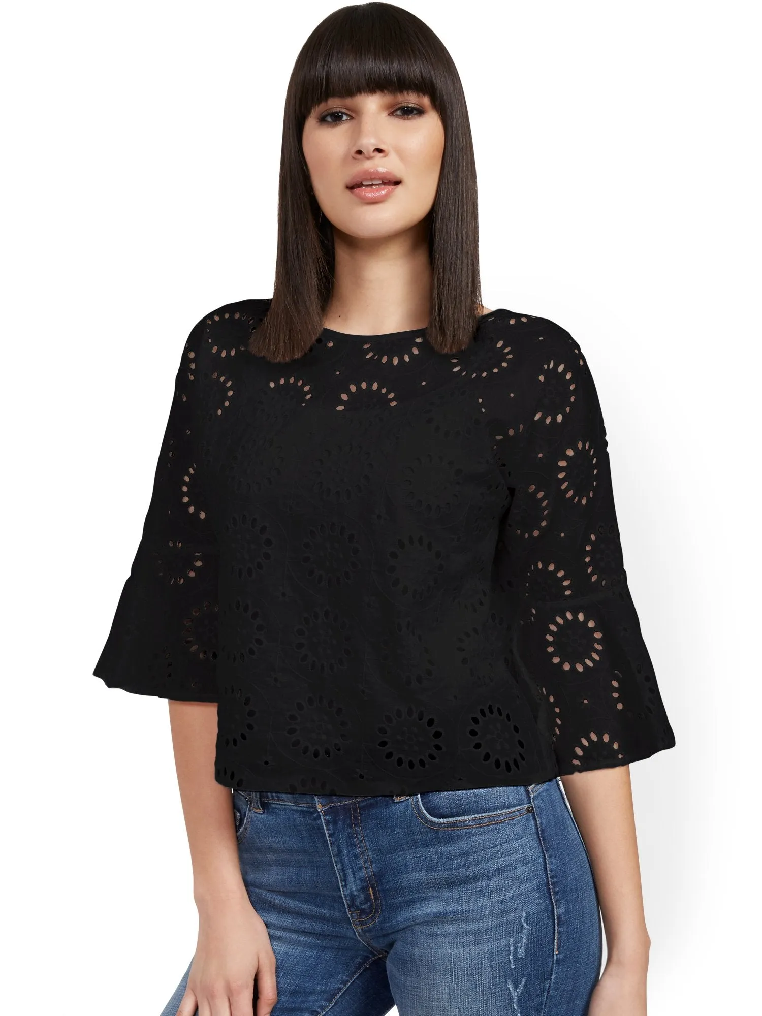 Eyelet Bell-Sleeve Blouse