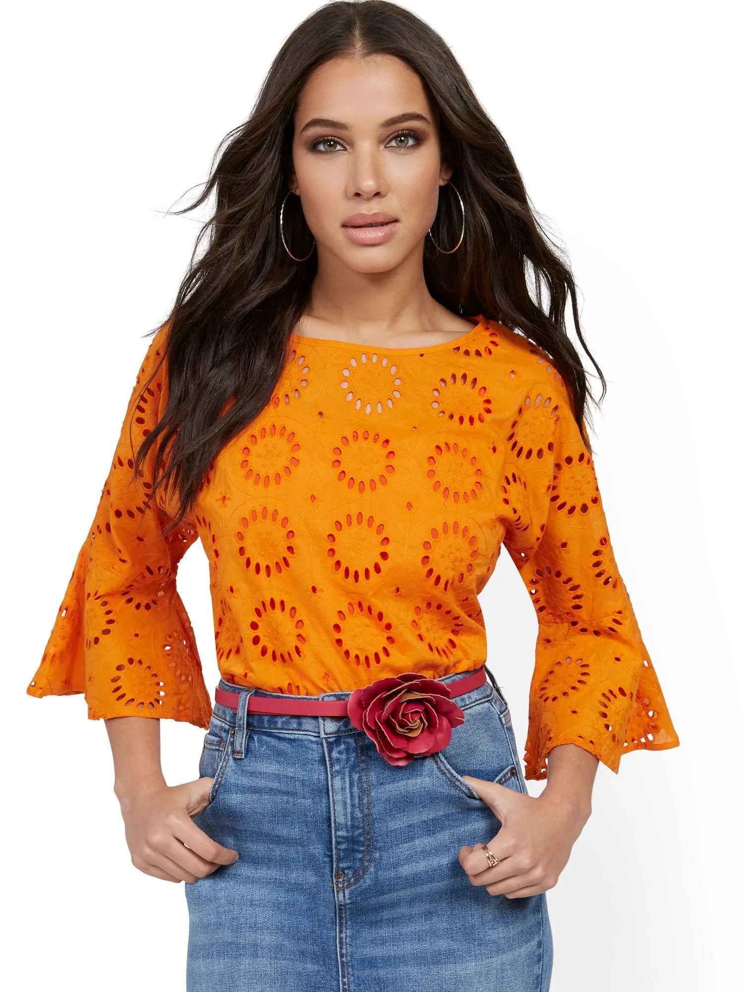 Eyelet Bell-Sleeve Blouse