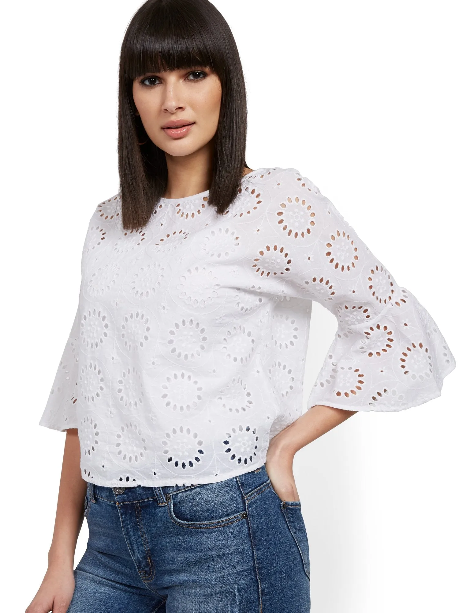 Eyelet Bell-Sleeve Blouse