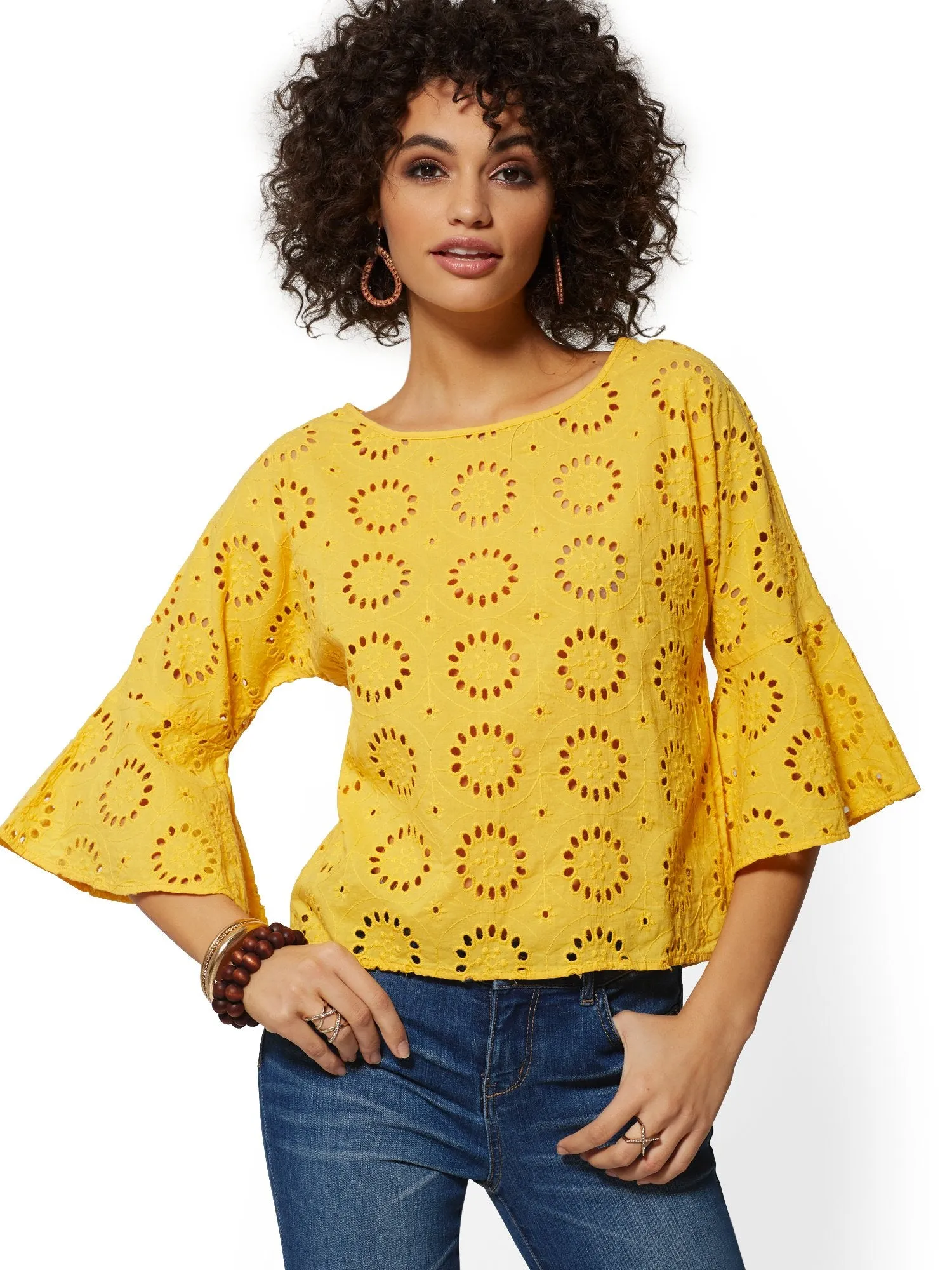 Eyelet Bell-Sleeve Blouse