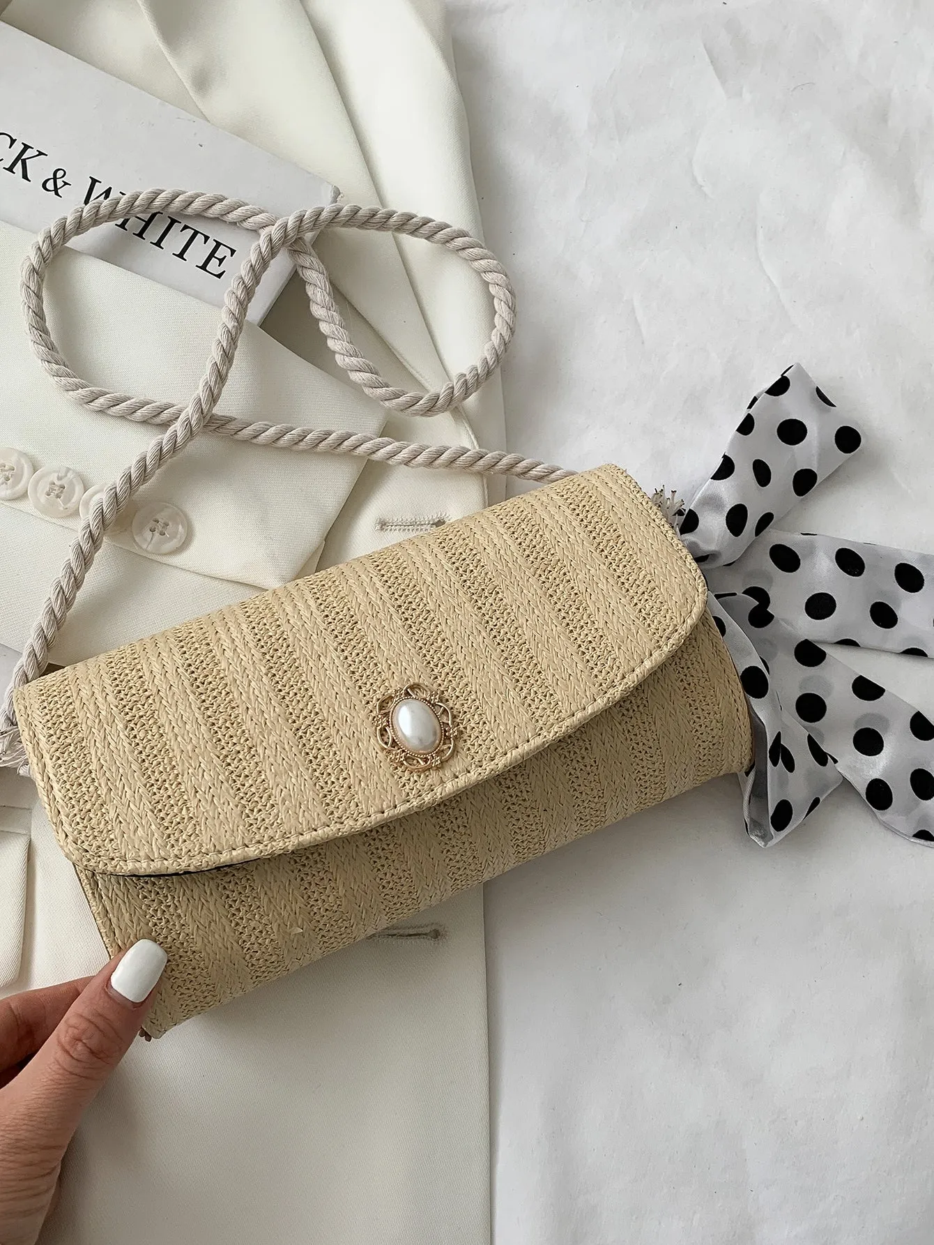 Faux Pearl Decor Woven Shoulder Bag