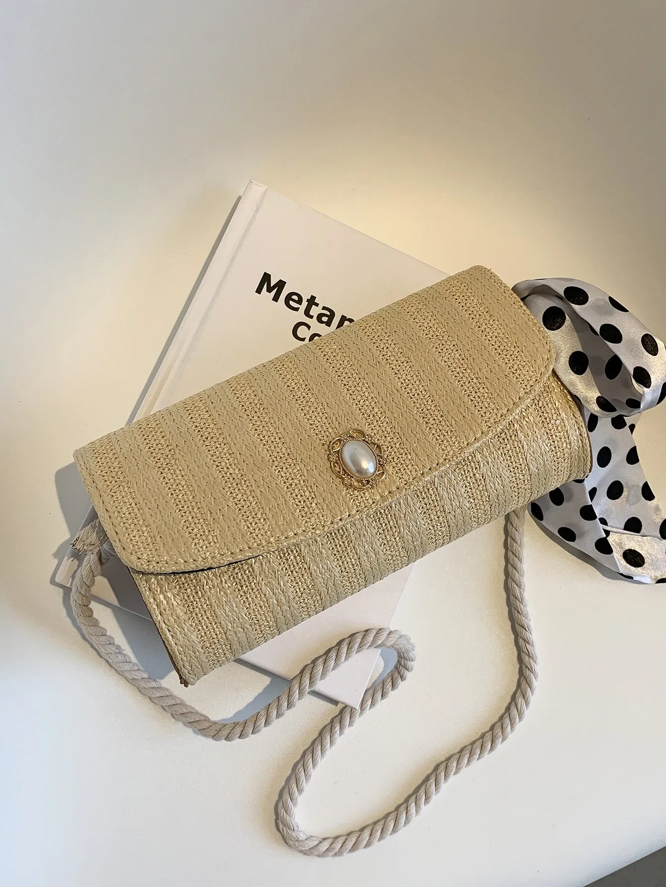 Faux Pearl Decor Woven Shoulder Bag