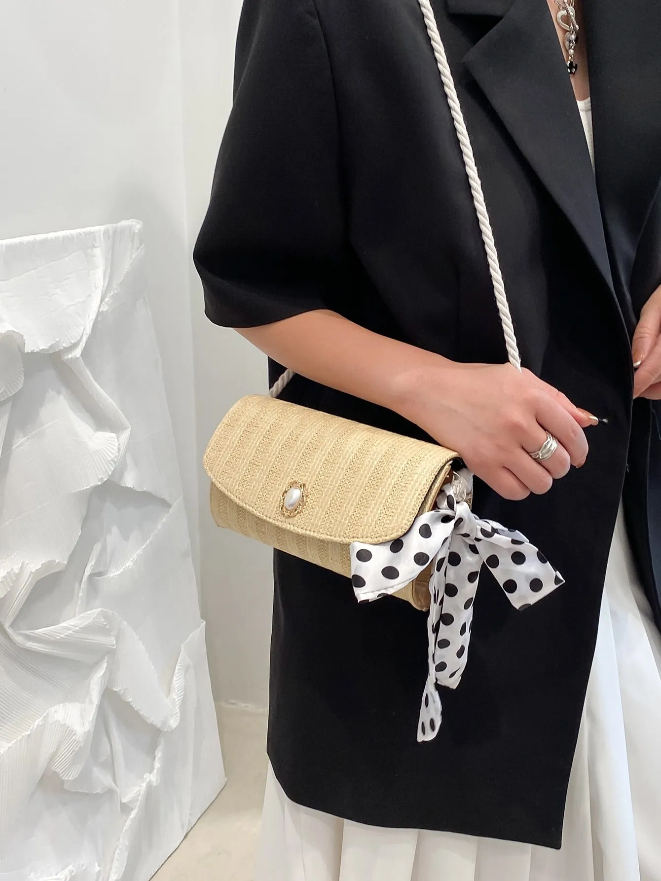 Faux Pearl Decor Woven Shoulder Bag